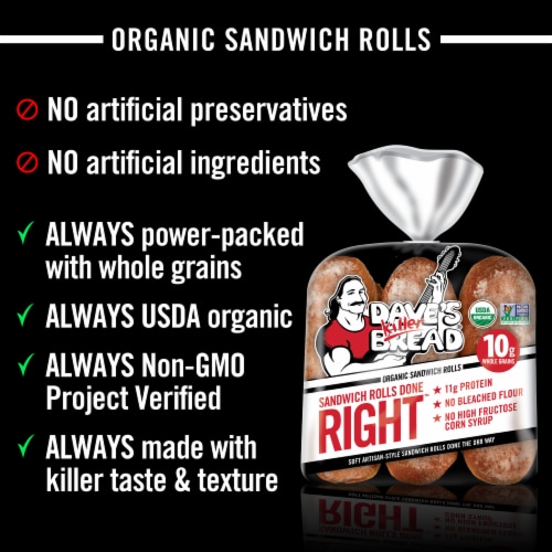 Dave's Killer Bread Sandwich Rolls Done Right, Organic White Bread Sandwich Rolls, 6 Count Perspective: left