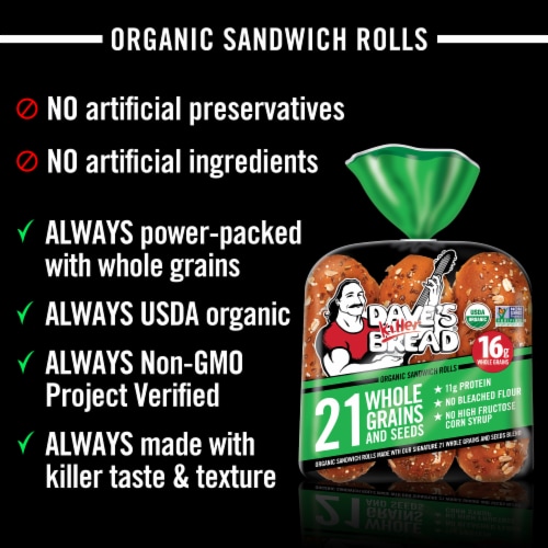 Dave's Killer Bread 21 Whole Grains and Seeds Organic Sandwich Rolls, Organic Sub Rolls, 6 Count Perspective: left