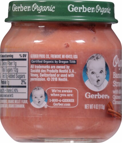 Gerber Organic Banana Apple Strawberry with Millet Quinoa & Cinnamon Stage 2 Baby Food Perspective: left