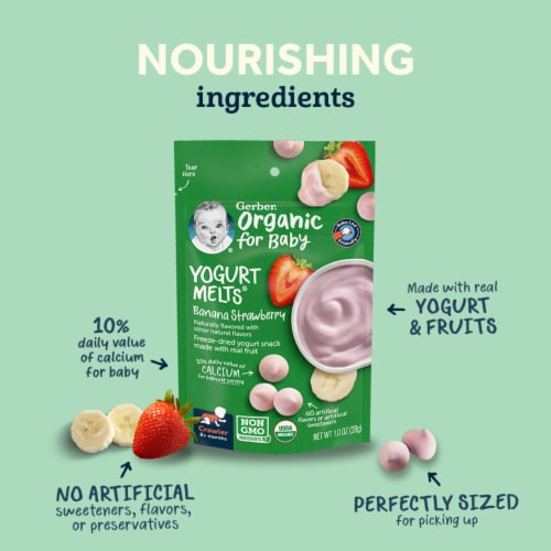 Gerber 2nd Foods Organic for Baby Yogurt Melts Banana Strawberry 1 oz Bag Perspective: left