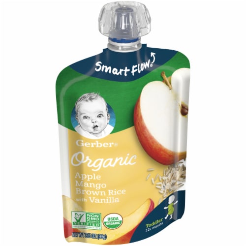 Gerber Organic Toddler Apple Mango Brown Rice with Vanilla Baby Food Pouch Perspective: left