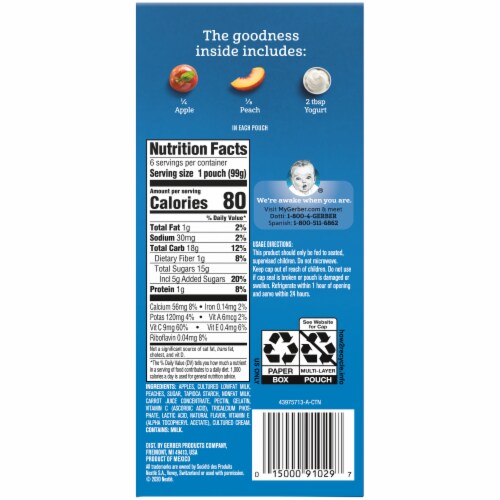 Gerber Toddler Fruit & Yogurt Peaches & Cream Food Pouches 6 Count Perspective: left