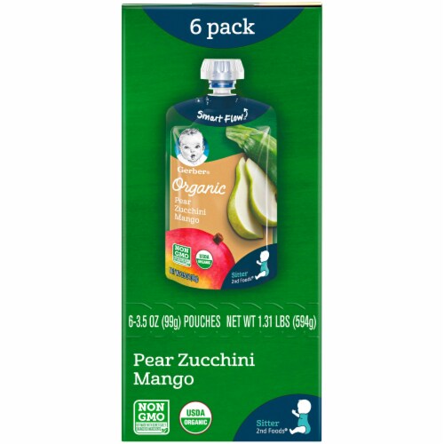 Gerber 2nd Foods Organic Pear Zucchini & Mango Baby Food Pouches 6 Count Perspective: left