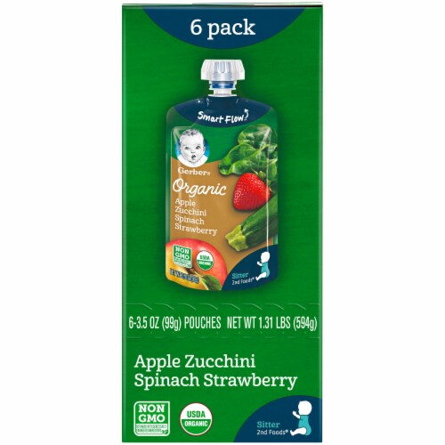 Gerber Organic 2nd Foods Apple Zucchini Spinach & Strawberry Baby Food 6 Count Perspective: left