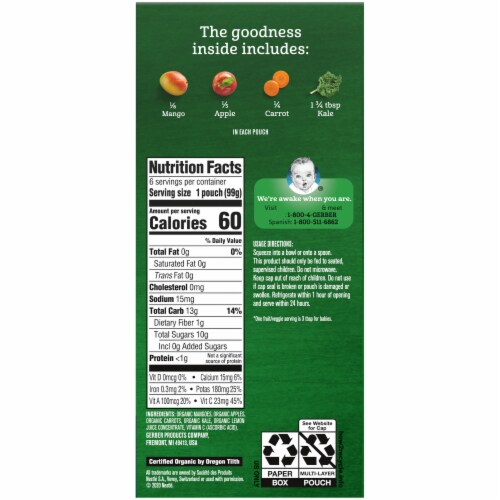 Gerber Organic 2nd Foods Mango Apple Carrot & Kale Baby Food Pouches 6 Count Perspective: left