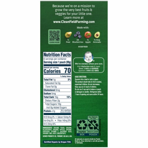 Gerber 2nd Foods Organic Pear Blueberry Apple & Avocado Baby Food Pouches 6 Count Perspective: left