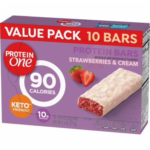 Protein One Strawberries and Cream 90 Calorie Protein Bars Keto Friendly Snack Bars Perspective: left