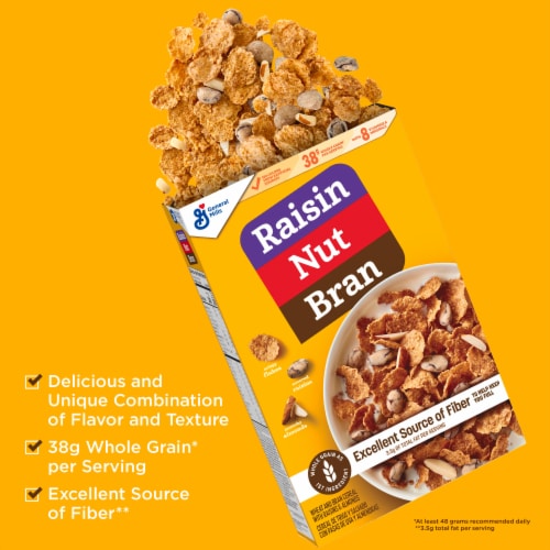 Raisin Nut Bran with Fiber and Made with Whole Grain Cereal Perspective: left