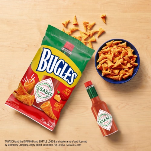 Bugles Tabasco Flavored Crispy Corn Snacks Perspective: left
