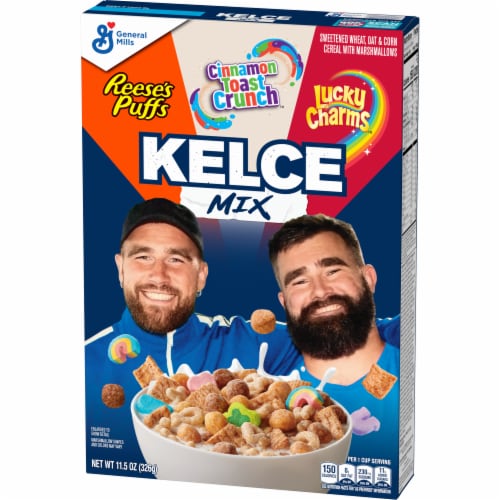 Kelce Mix Cereal with REESE'S PUFFS Cinnamon Toast Crunch & Lucky Charms Perspective: left