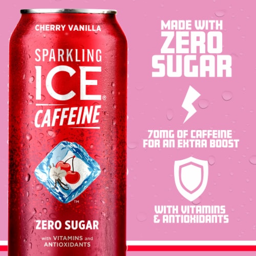 Sparkling Ice +Caffeine Zero Sugar Cherry Vanilla Sparkling Water Perspective: left