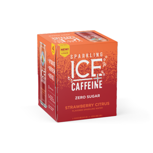 Sparkling Ice® + Caffeine Zero Sugar Strawberry Citrus Flavored Sparkling Water Cans Perspective: left
