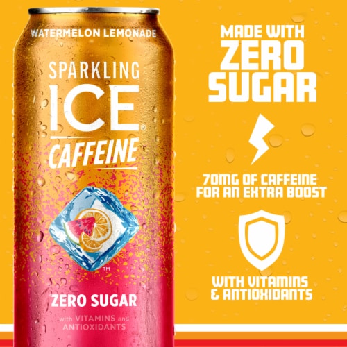 Sparkling Ice +Caffeine Zero Sugar Watermelon Lemonade Sparkling Water Perspective: left