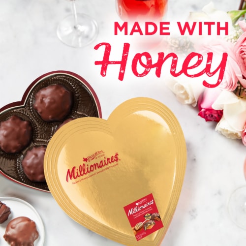 PANGBURN'S OF TEXAS Milk Chocolate Millionaires Valentine's Day Heart Candy Gift Box Perspective: left