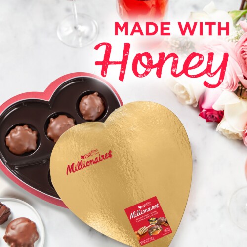 PANGBURN'S OF TEXAS Milk Chocolate Millionaires Valentine's Day Heart Candy Gift Box Perspective: left