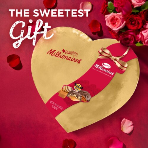 PANGBURN'S Millionaires Valentine's Day Milk Chocolate Pecans and Honey Caramel Heart Gift Box Perspective: left