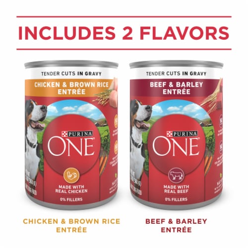 Purina ONE Tender Cuts in Gravy Wet Dog Food Variety Pack Chicken and Brown Rice and Beef and Barley Perspective: left
