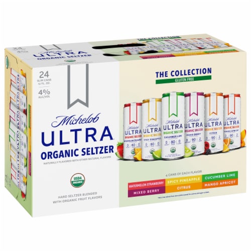 Michelob Ultra Spicy Pineapple Cucumber Lime & Peach Pear Organic Seltzer Variety Pack Perspective: left