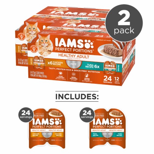 Iams Perfect Portions Pate Chicken Recipe & Tuna Healthy Adult Grain Free Wet Cat Food Variety Pack Perspective: left