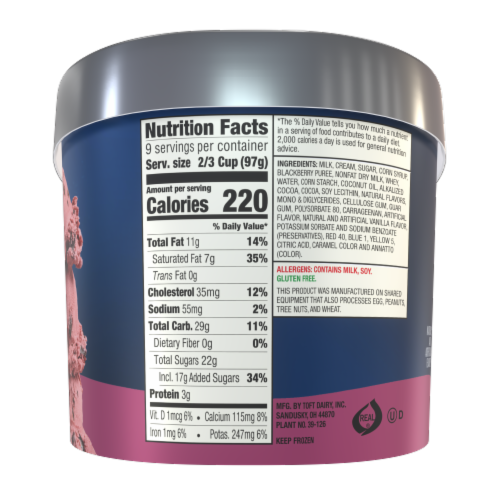 Toft's Prime Time Black Raspberry Choc Chunk Ice Cream Tub Perspective: left