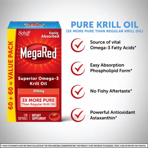 MegaRed Superior Krill Oil Omega 3 Heart Health Supplement Softgels 350mg Perspective: left