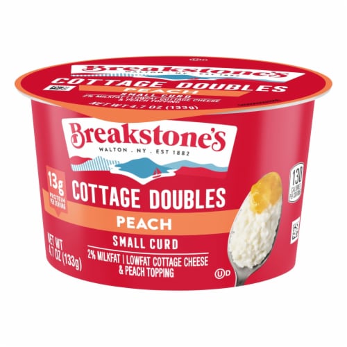 Breakstone's Cottage Doubles Lowfat Cottage Cheese & Peach Topping with 2% Milkfat, 4.7 oz Cup Perspective: left