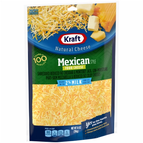 Kraft Mexican Style Four Cheese Blend Shredded Cheese with 2% Milk, 14 oz Bag Perspective: left