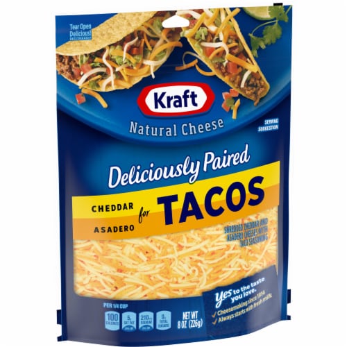 Kraft Deliciously Paired Cheddar & Asadero Shredded Cheese with Taco Seasoning for Tacos Perspective: left