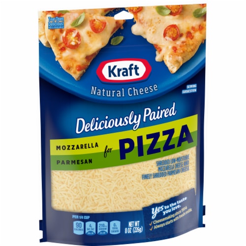 Kraft Deliciously Paired Mozzarella & Parmesan Shredded Cheese for Pizza Perspective: left