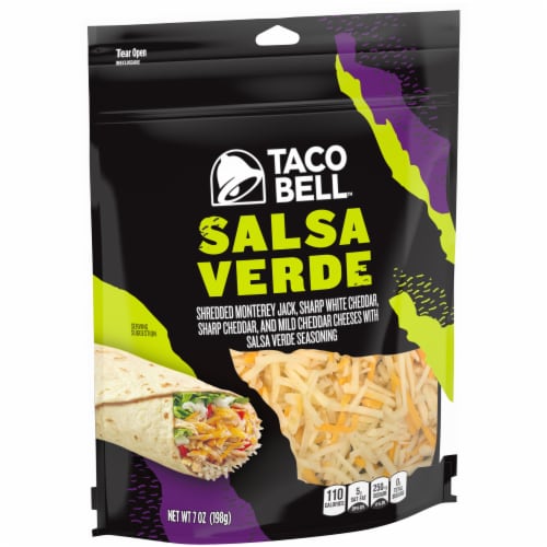 Taco Bell Salsa Verde Monterey Jack Sharp White Cheddar Sharp Cheddar & Mild Cheddar Cheese Perspective: left