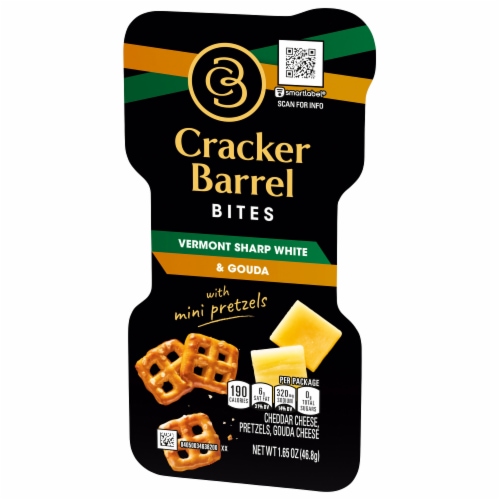Cracker Barrel Bites with Vermont Sharp White Cheddar & Gouda Cheese with Pretzel Chips Perspective: left