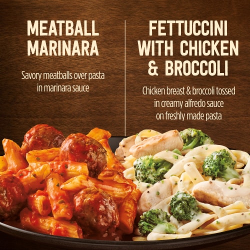 Marie Callender's Duos Meatball Marinara & Fettuccini With Chicken & Broccoli Frozen Meal Perspective: left