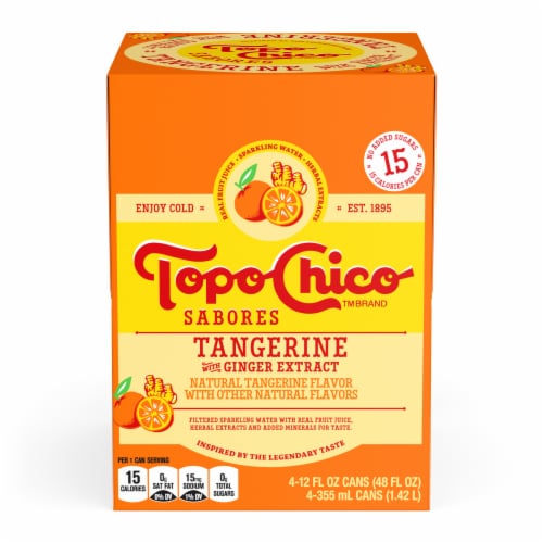 Topo Chico Mineral Sabores Tangerine with Ginger Extract Flavored Sparkling Water Cans Perspective: left