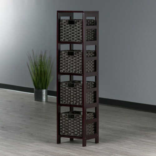 Leo 5-Pc Storage Shelf With 4 Foldable Woven Baskets, Espresso And Chocolate Perspective: left