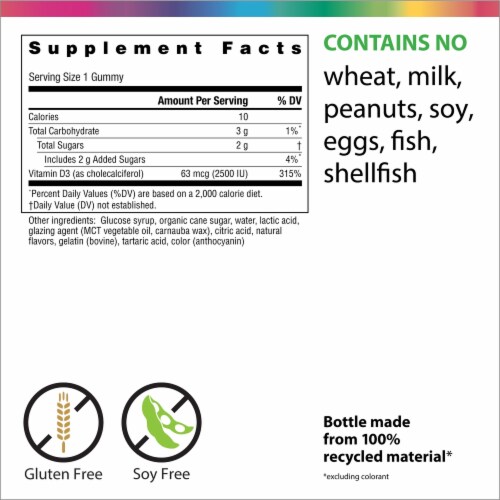 Rainbow Light Berry-D-Licious Vitamin D3 Gummies 2500 IU Strong Bones and Immune Support Supplement Perspective: left