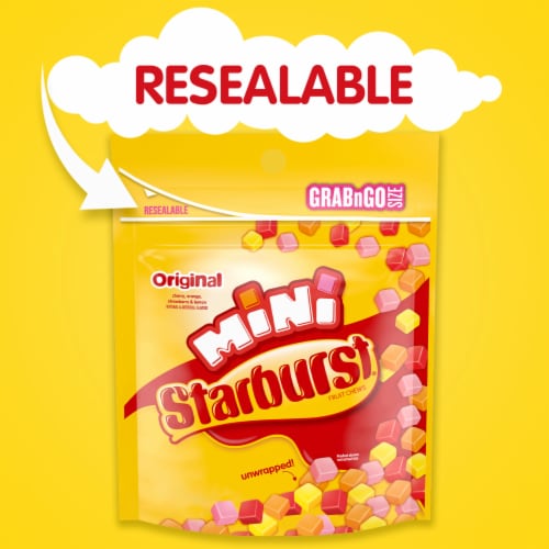 Starburst Minis Original Fruit Chews Chewy Candy Grab N Go Resealable Bags Perspective: left