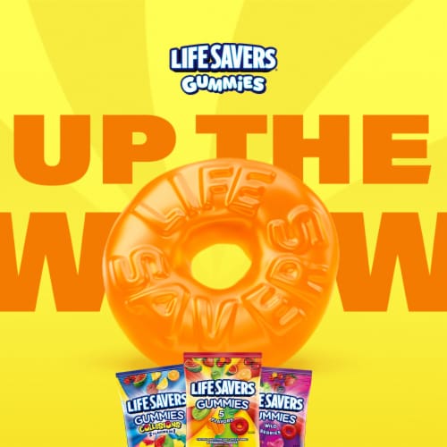 Life Savers 5 Flavors Gummy Candy Sharing Size Bag Perspective: left