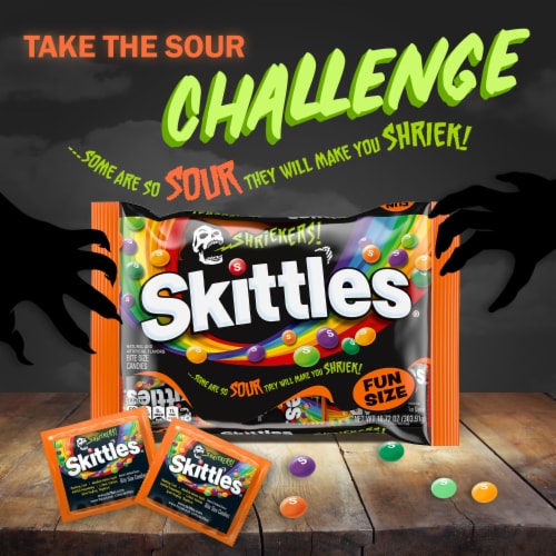 Skittles Shriekers Sour Fun Size Chewy Halloween Candy Perspective: left