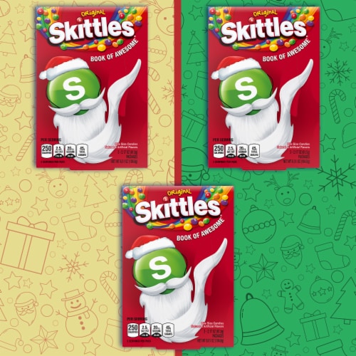 Skittles Holiday Original Book of Awesome Bite Size Chewy Christmas Candy Box Perspective: left