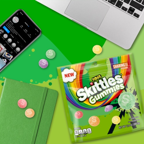 Skittles Sour Gummies Chewy Candy Assortment Sharing Size Bag Perspective: left