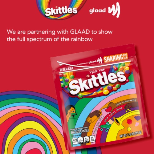 Skittles Original Chewy Candy Limited Edition Rainbow Pride Pack Sharing Size Bag Perspective: left