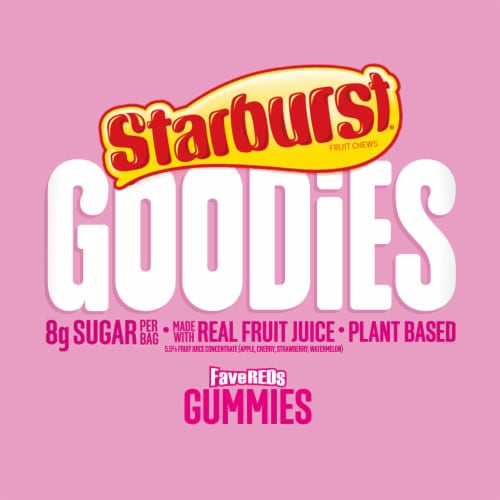 Starburst Goodies FaveREDS Plant Based Fruit Gummy Candy Bag Perspective: left