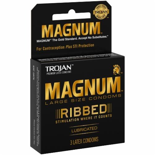 Trojan Magnum Ribbed Lubricated Large Size Latex Condoms Perspective: left