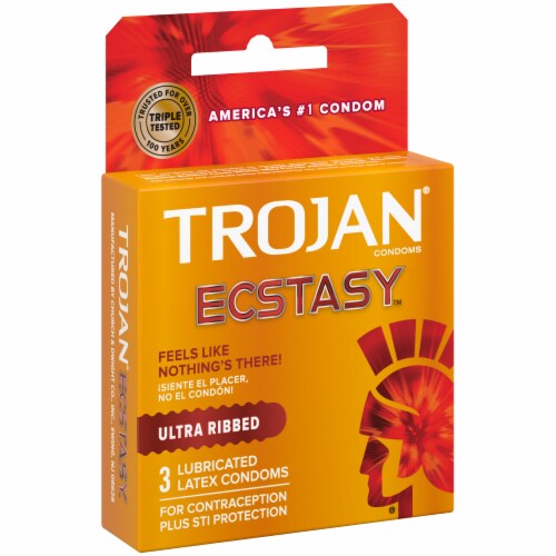 Trojan Ecstasy Ultra Ribbed Lubricated Latex Condoms Perspective: left