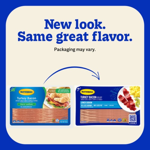 Butterball Turkey Bacon, Lower Sodium, Smoke-Cured, Chopped and Formed, 12 oz Perspective: left