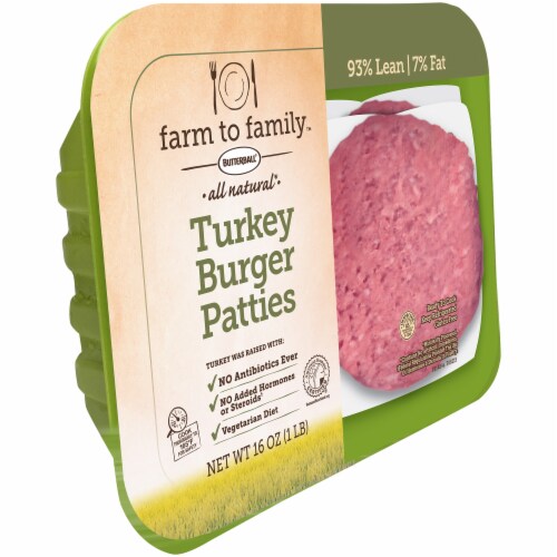 Butterball Farm to Family All Natural Turkey Burger Patties 93% Lean Perspective: left