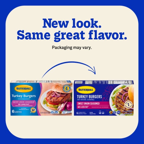 Butterball Frozen Turkey Burgers, Sweet Onion Seasoned, 1/3 lb Patties Perspective: left