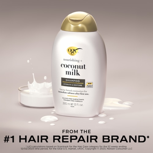 OGX Nourishing + Coconut Milk Shampoo, Hydrating & Restoring, Paraben-Free Perspective: left