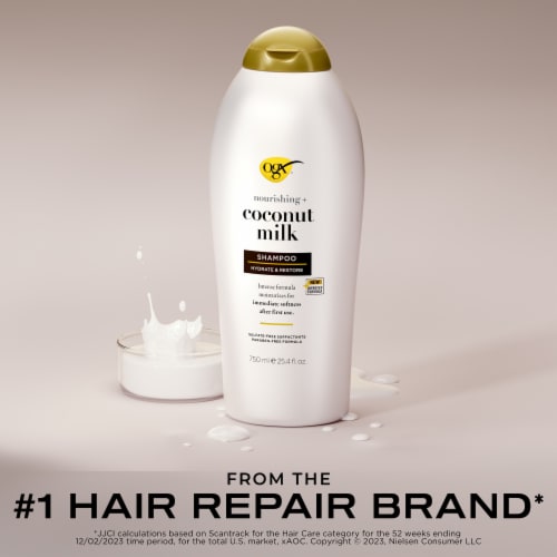 OGX Nourishing + Coconut Milk Shampoo, Hydrating & Restoring for Soft Hair After the First Use Perspective: left