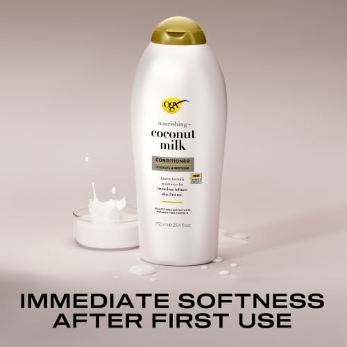 OGX Nourishing + Coconut Milk Conditioner Hydrating & Restoring for Soft Hair After the First Use Perspective: left